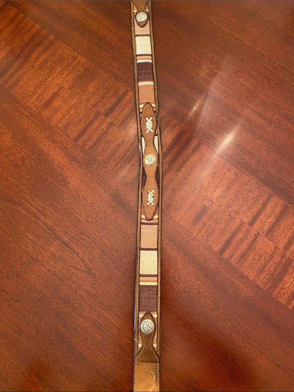 Leather Men’s Belt with Brown and Tan Striped Inlay fabric & silver conchos